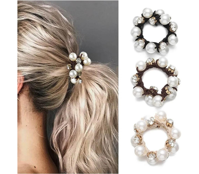 Black Elastic Hair Scrunchies Pearl Hair Bands Crystal Hair Ropes for Women and Girls (Pack of 3)